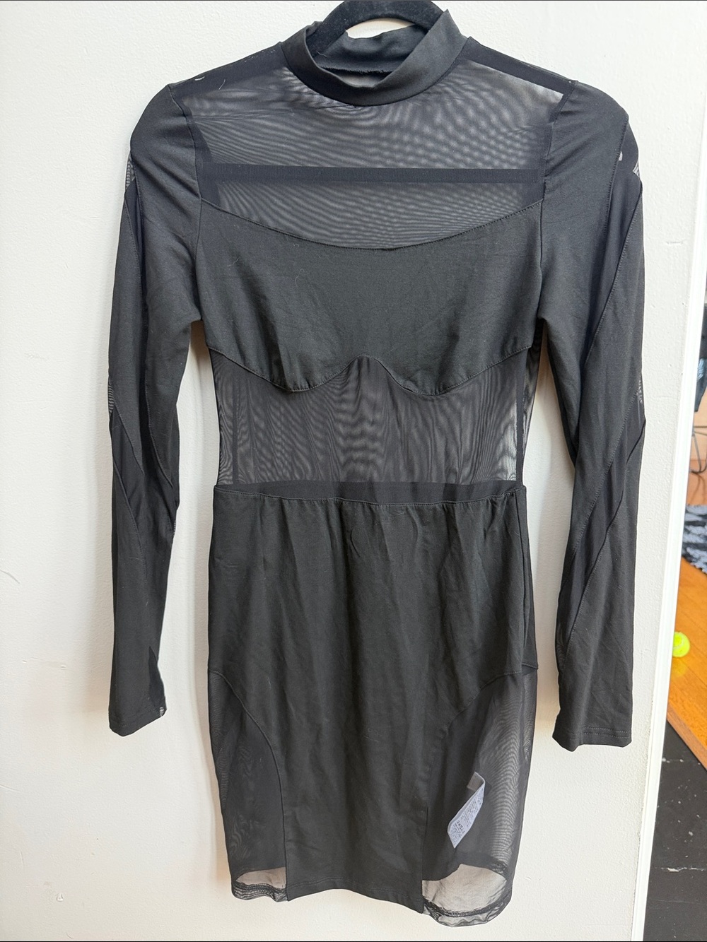 SHEIN Black Long-Sleeve Mesh Panel Bodycon Dress